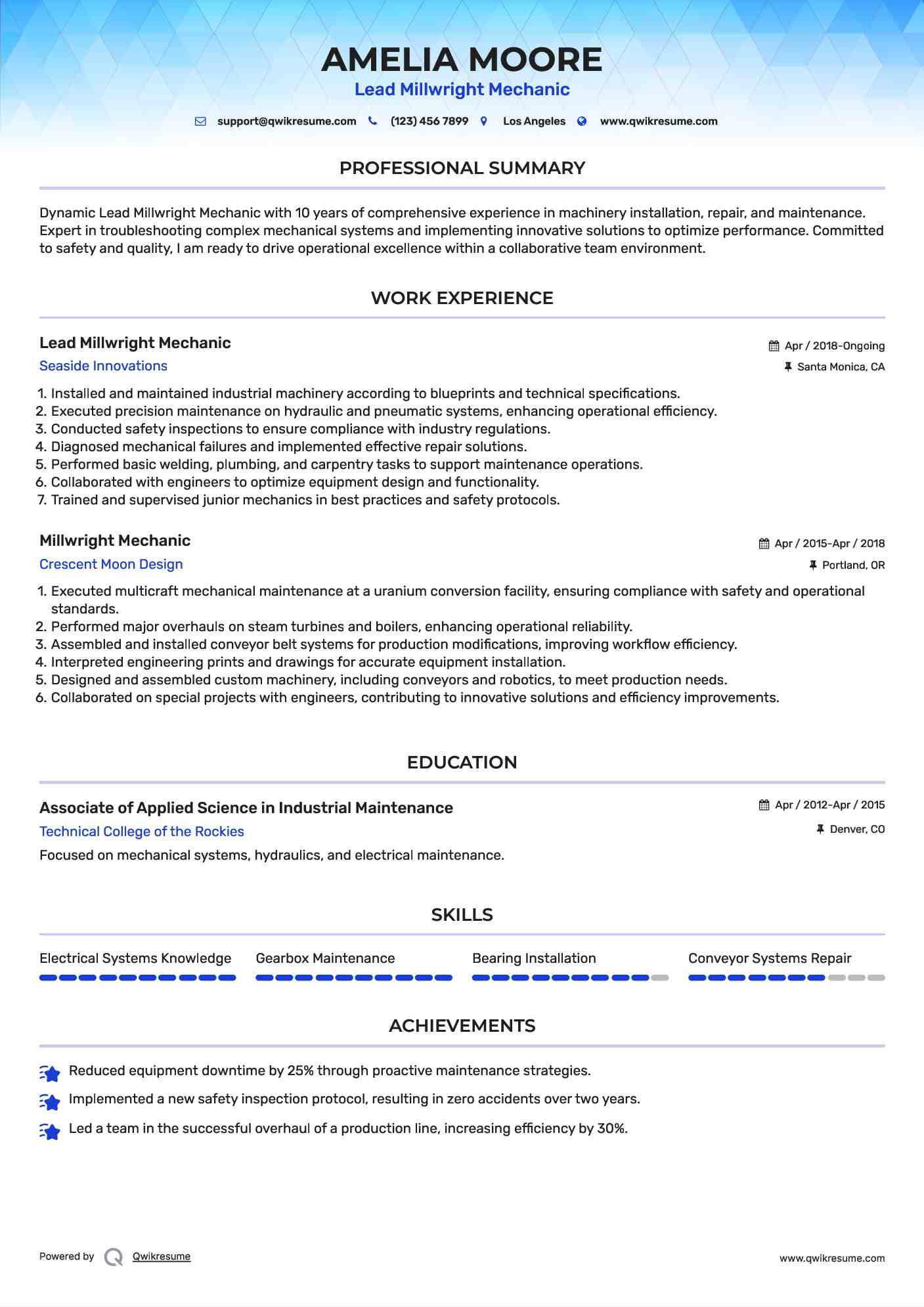 Lead Millwright Mechanic Resume Template
