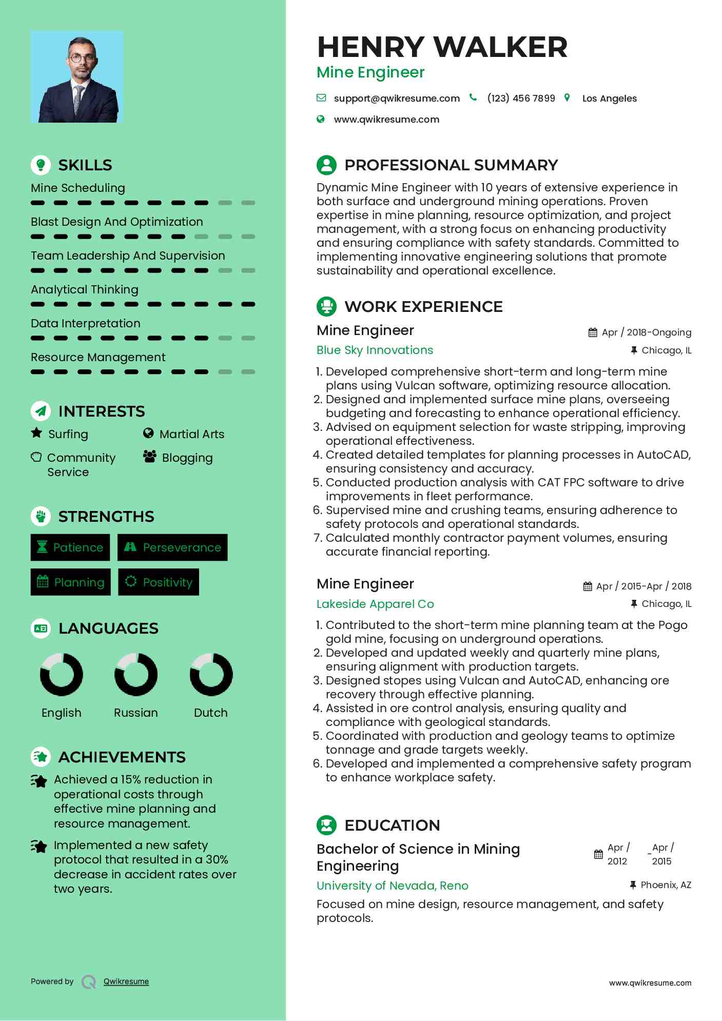 Mine Engineer Resume Template
