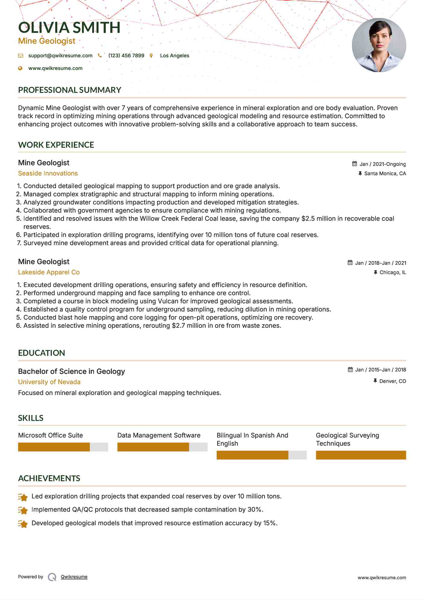 Mine Geologist Resume Model