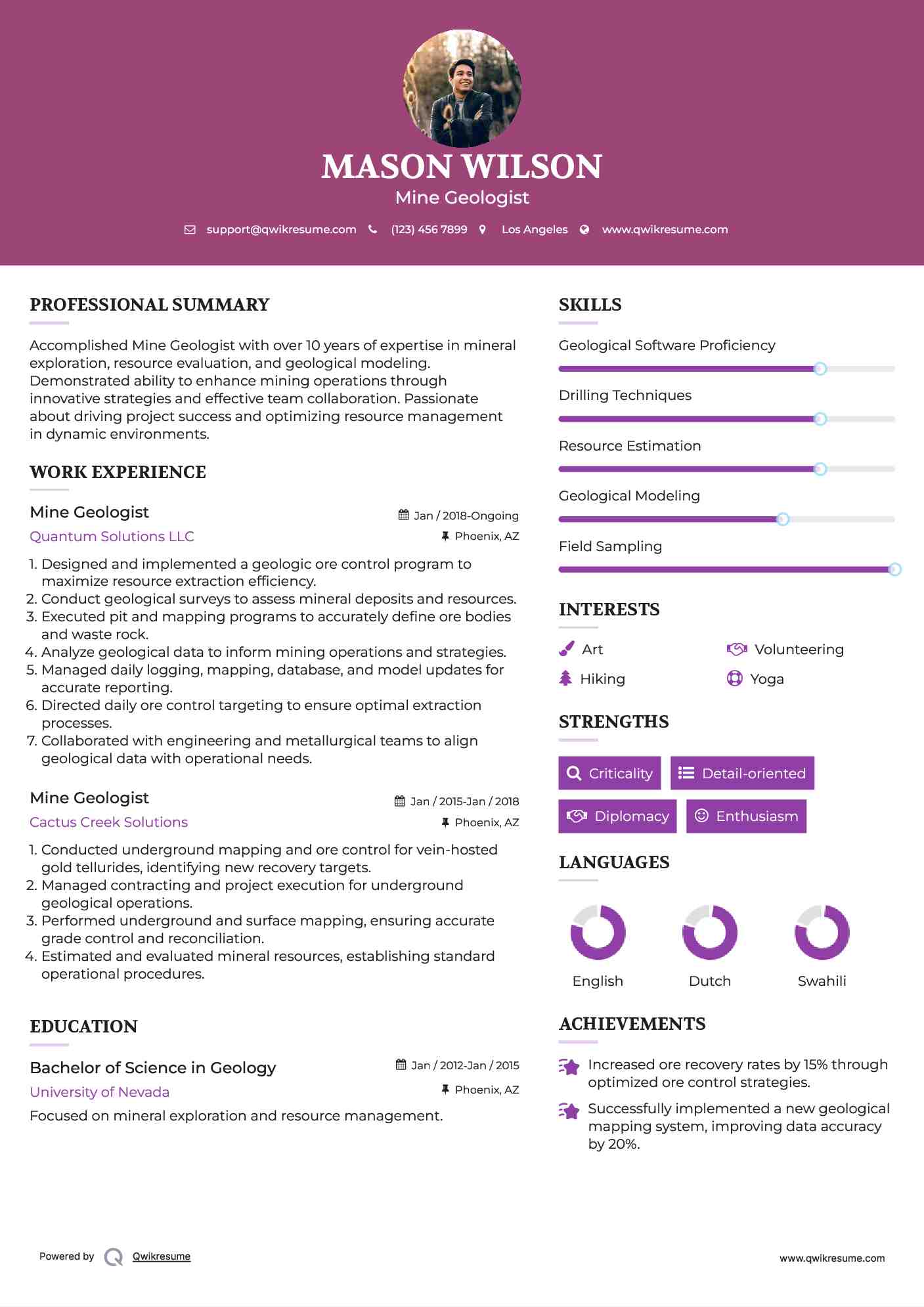 Mine Geologist Resume Sample