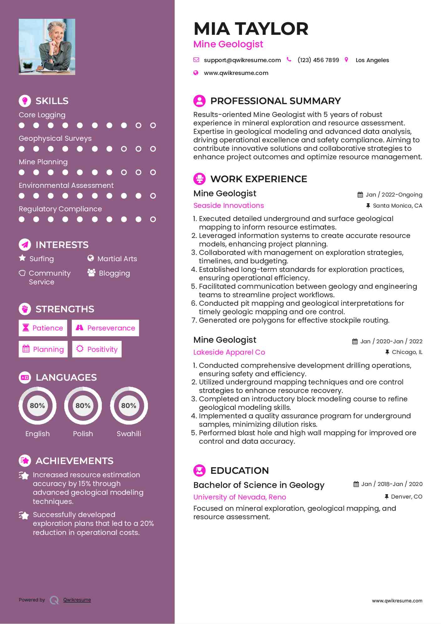 Mine Geologist Resume Example