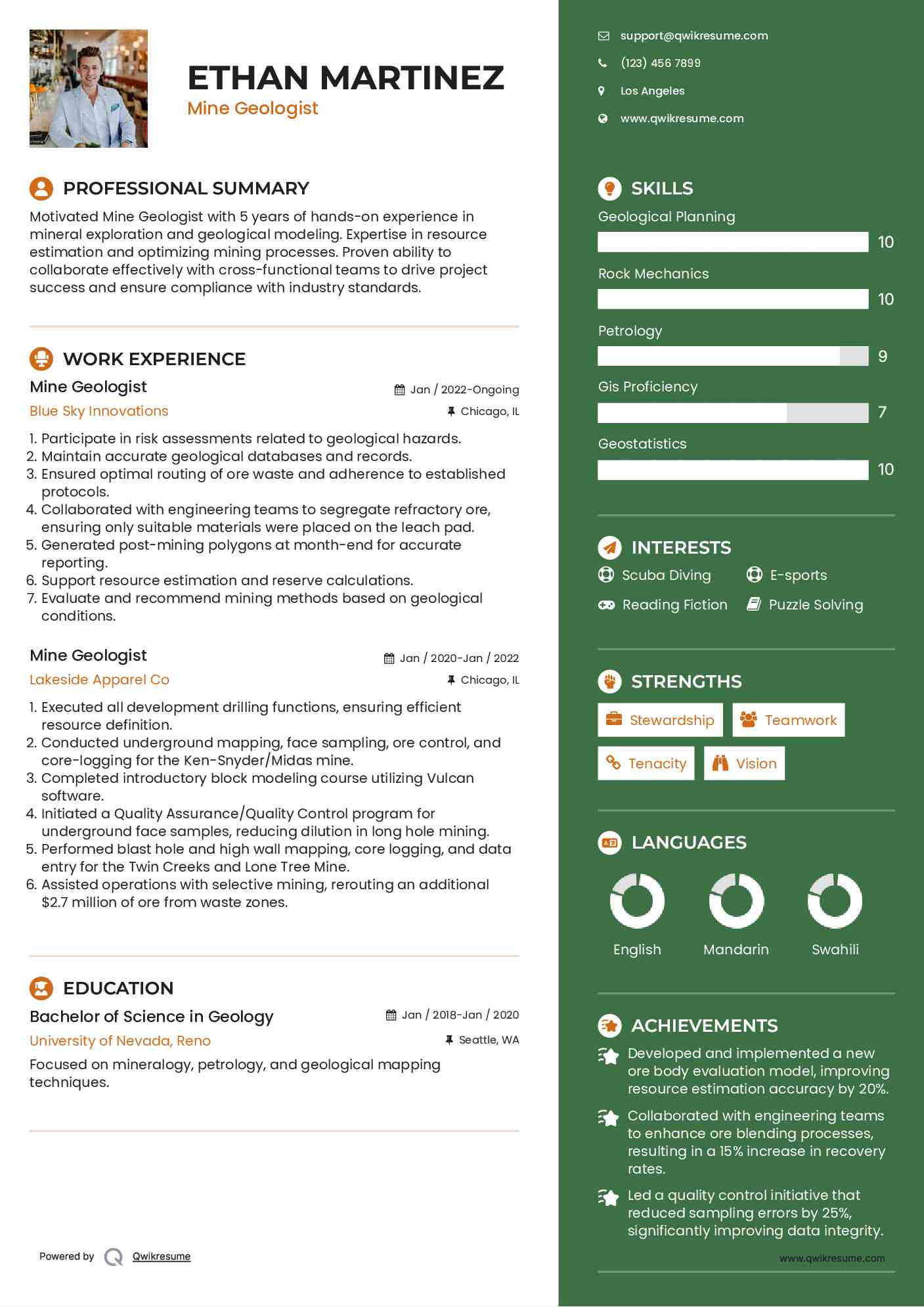 Mine Geologist Resume Example