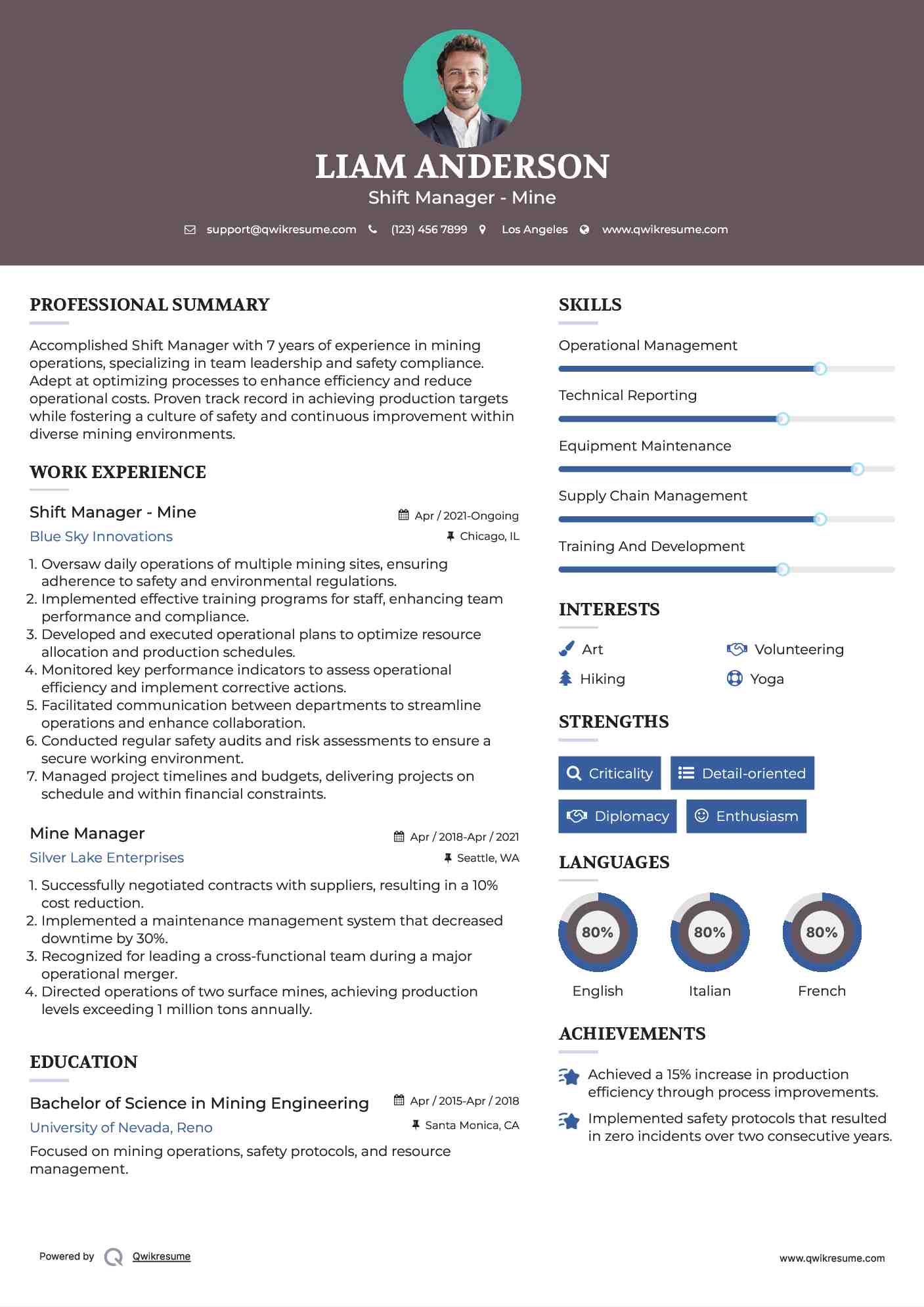 Shift Manager - Mine
 Resume Template