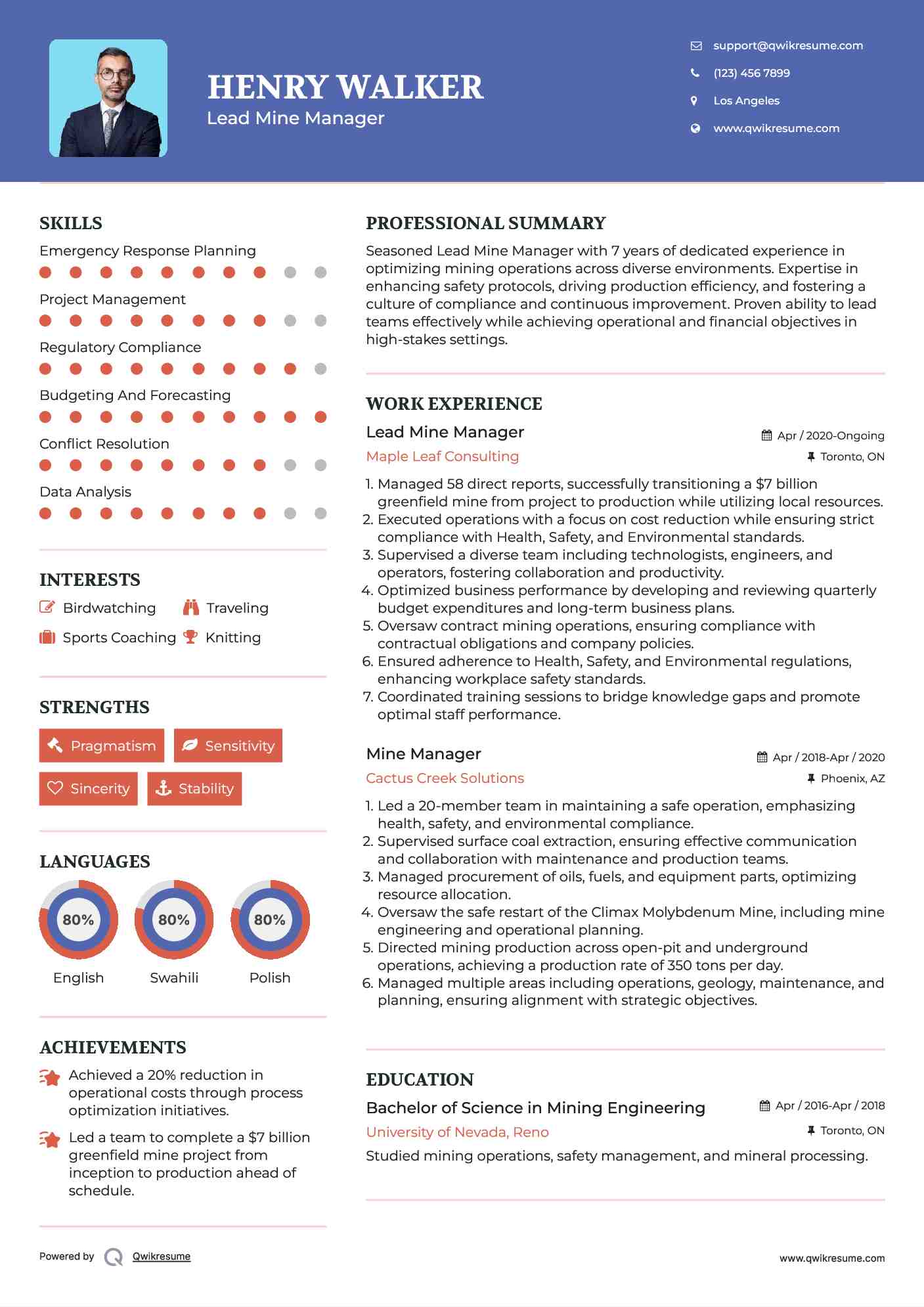 Lead Mine Manager Resume Model