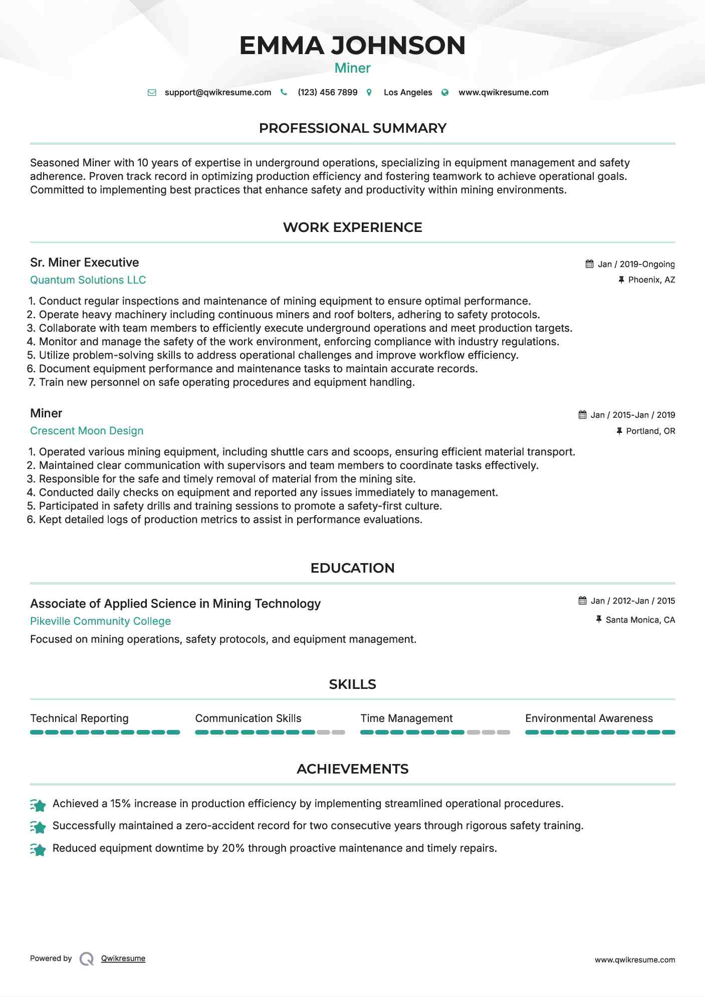 Sr. Miner Executive Resume Template