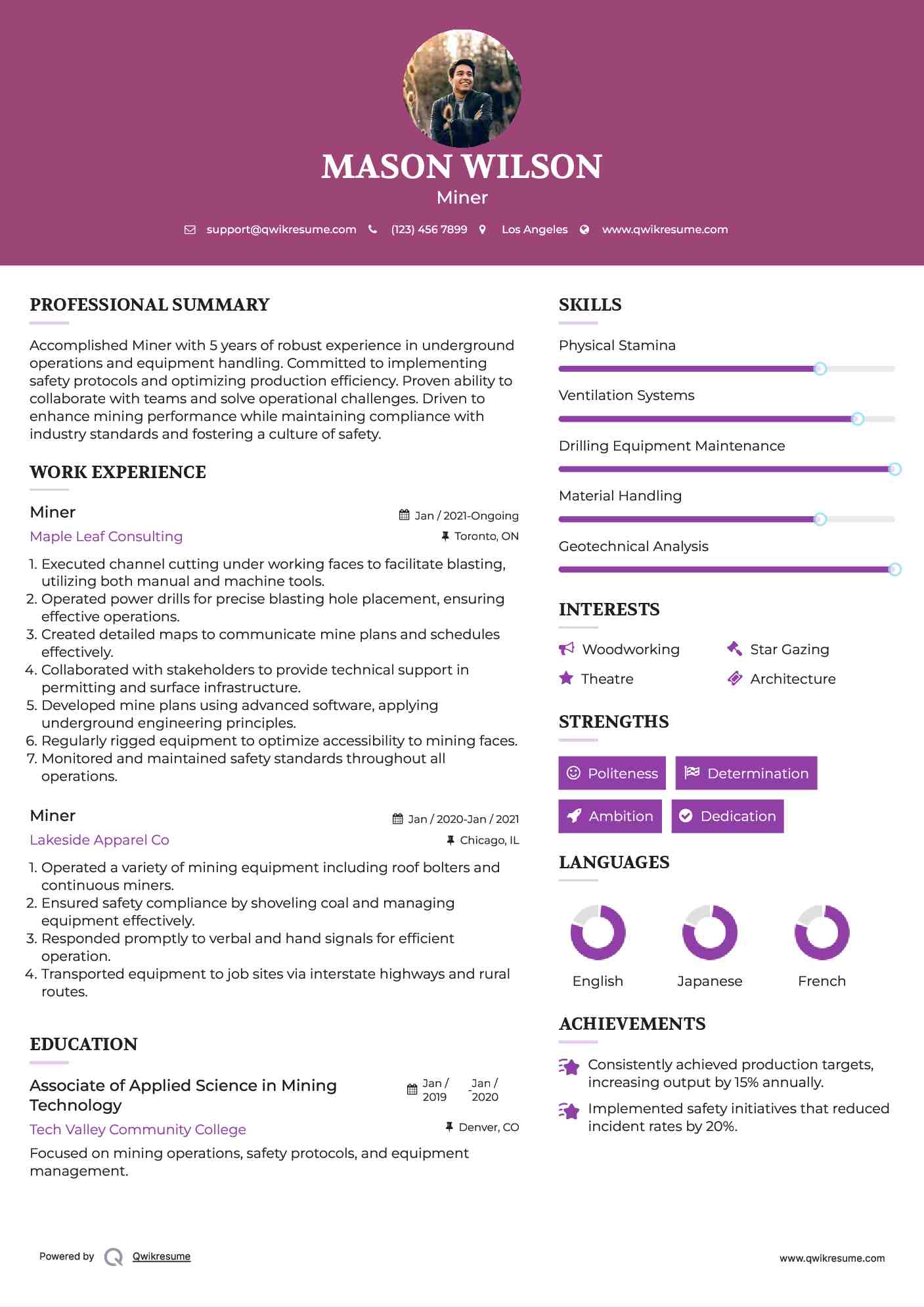 Miner Resume Sample