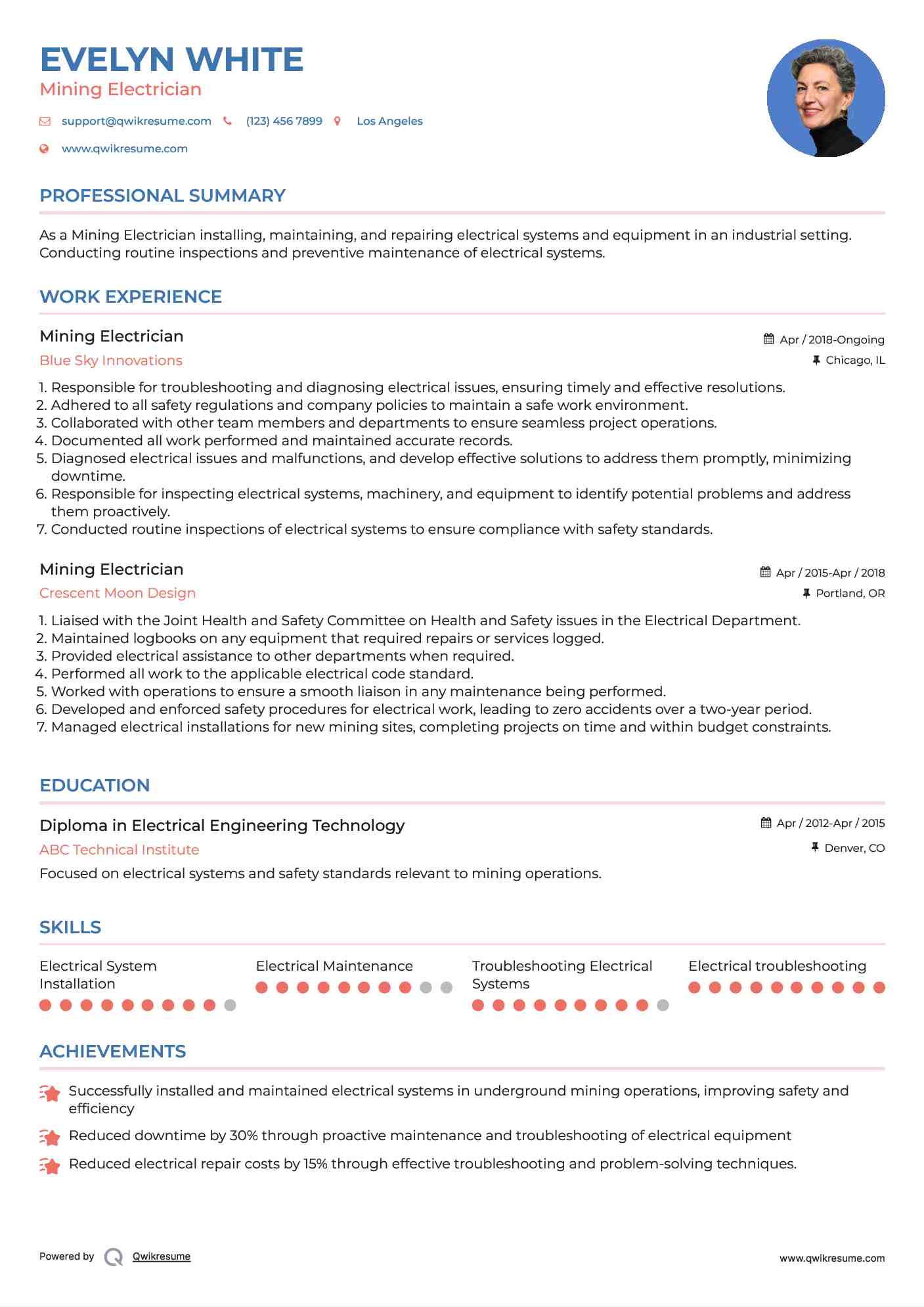 Mining Electrician Resume Example