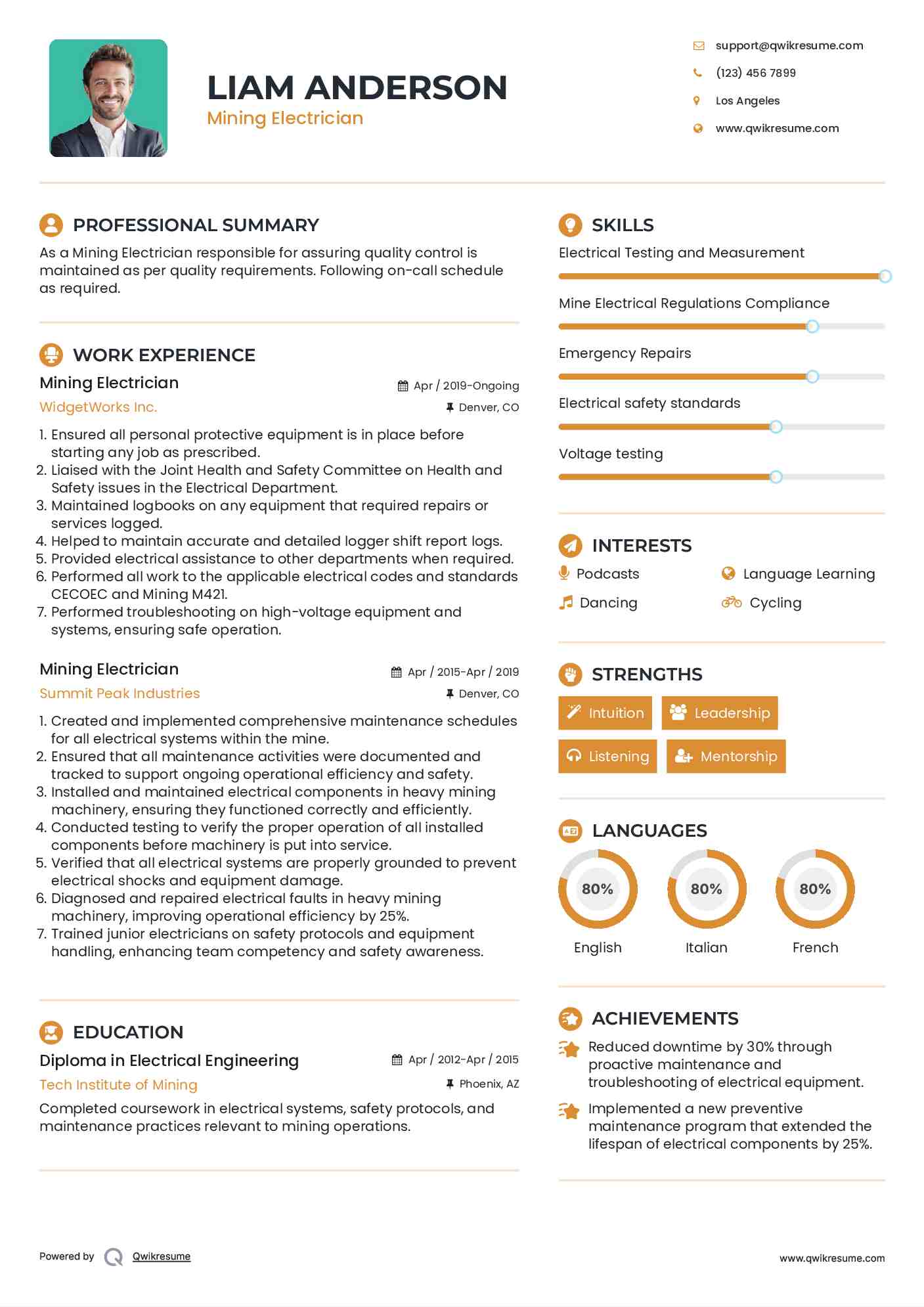 Mining Electrician Resume Sample