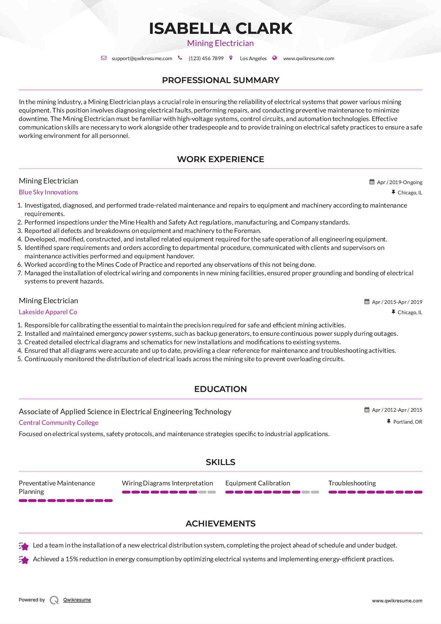 Mining Electrician Resume Model
