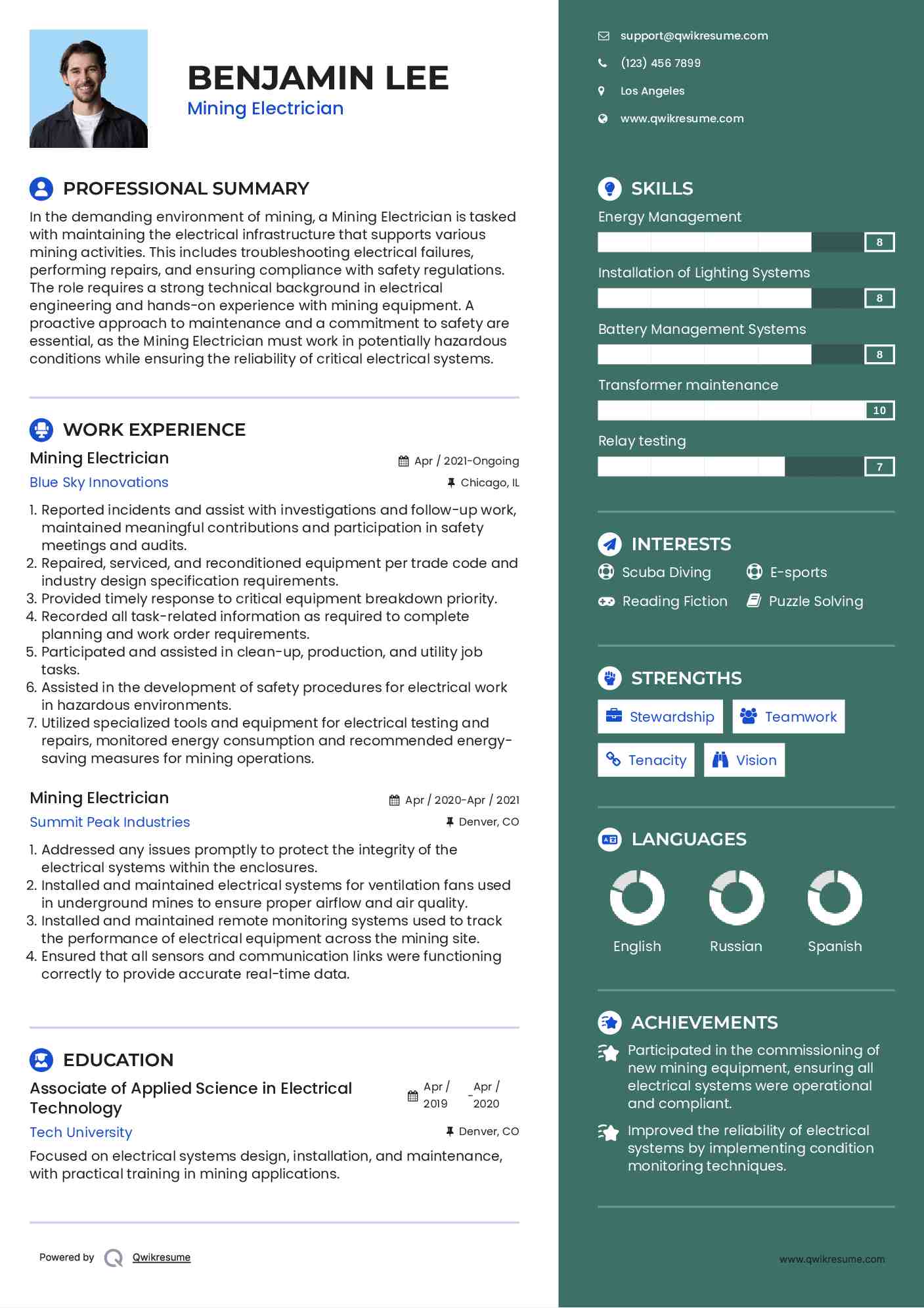 Mining Electrician Resume Sample