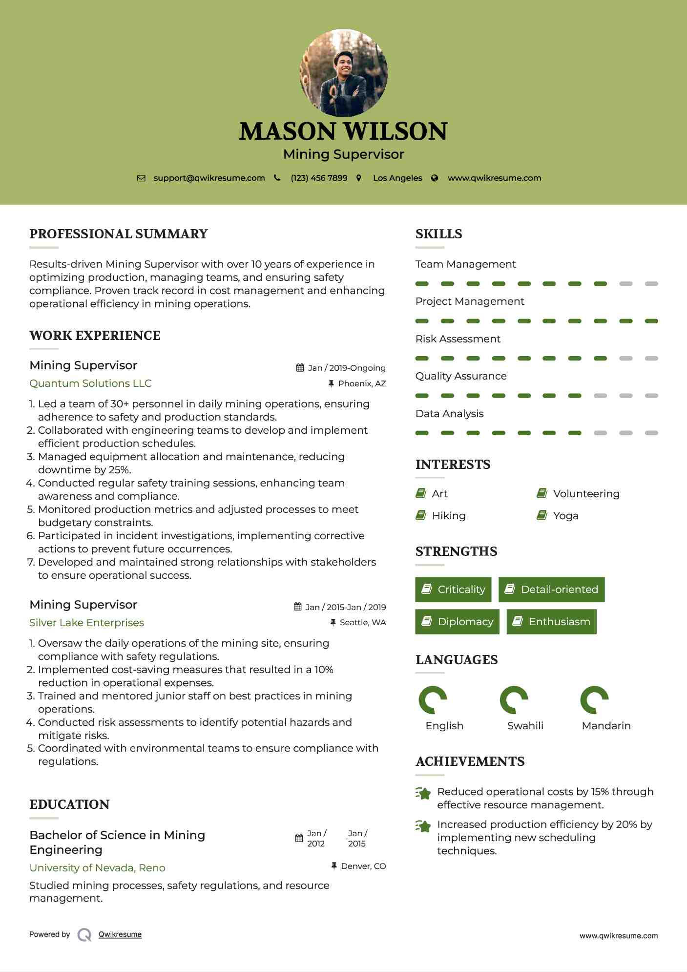 Mining Supervisor Resume Model