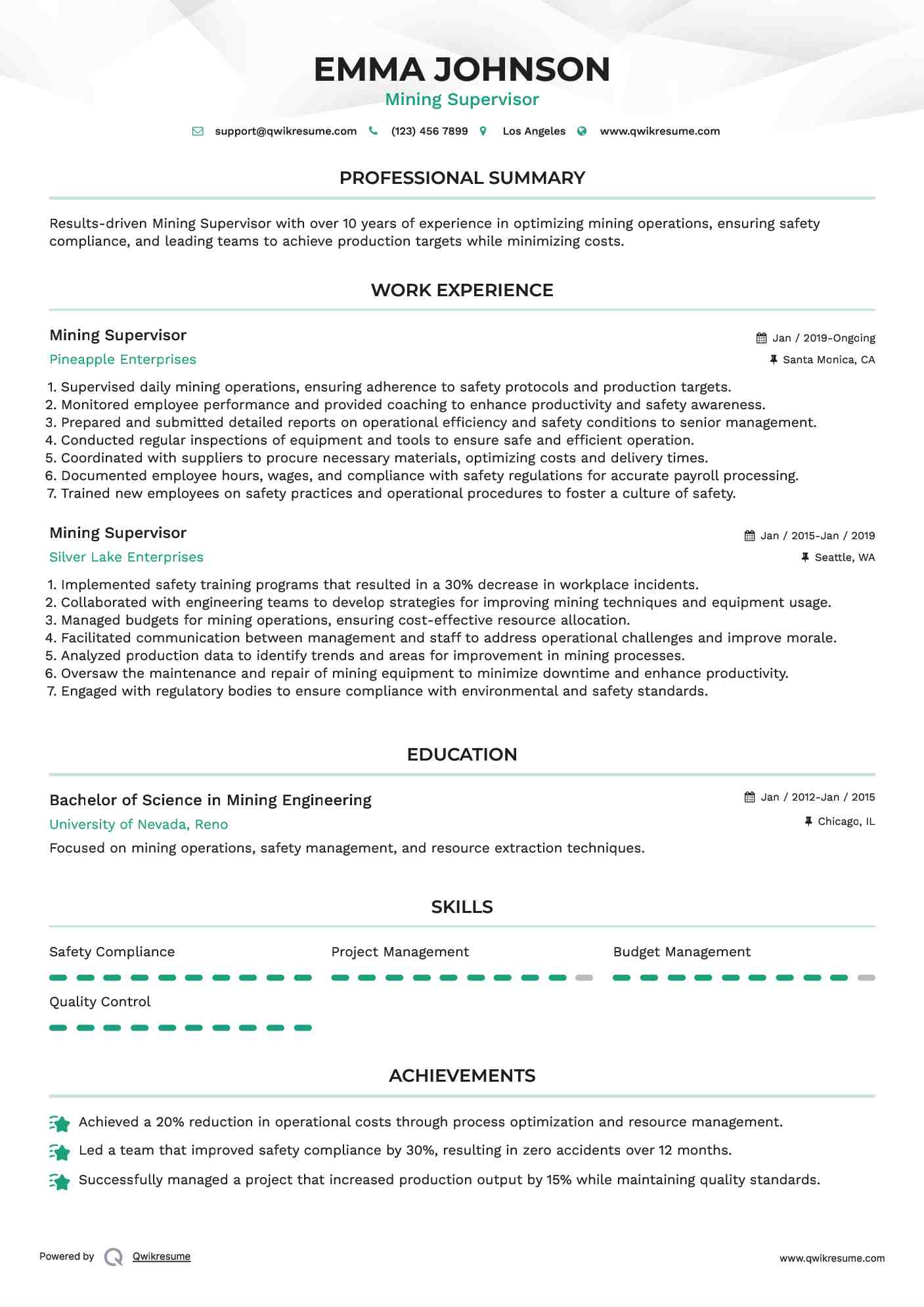 Mining Supervisor Resume Format