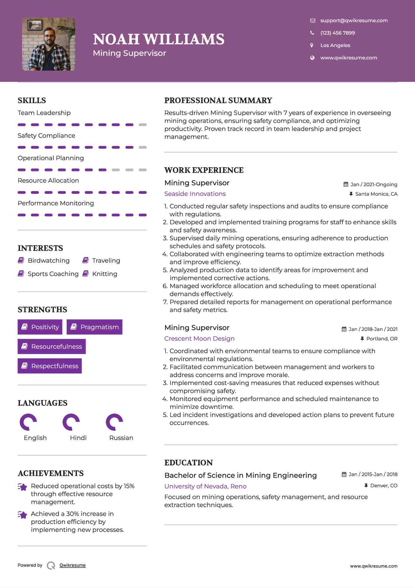Mining Supervisor Resume Template