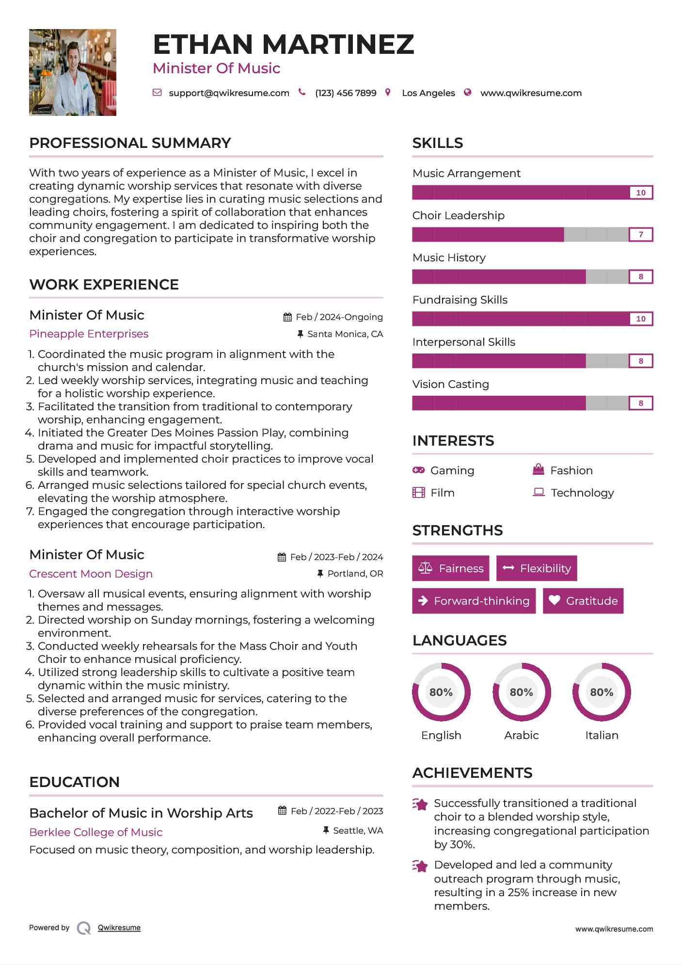 Minister Of Music Resume Example