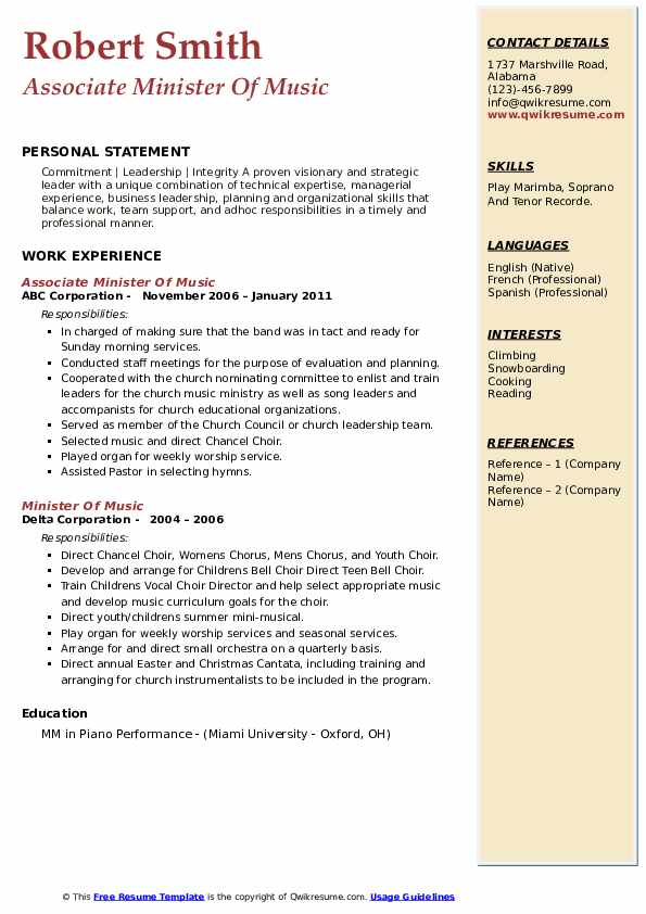 Minister Of Music Resume Samples - Minister Of Music 1587016294 Pdf