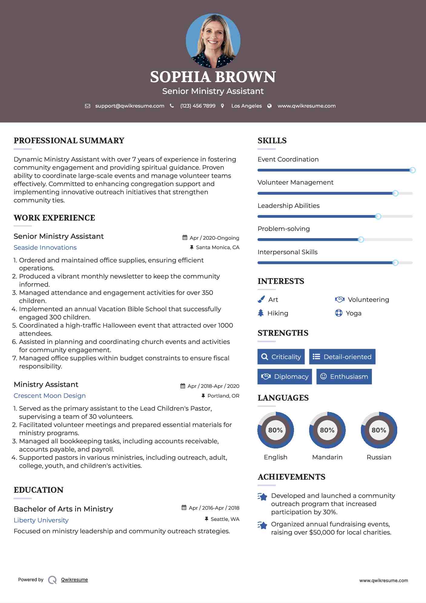 Senior Ministry Assistant Resume Sample