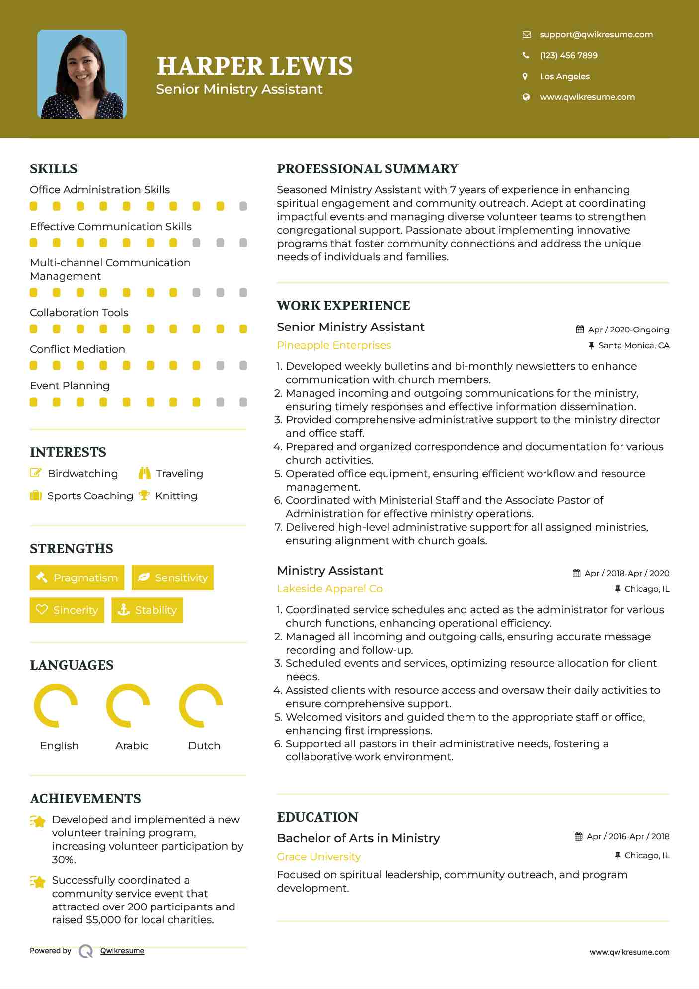 Senior Ministry Assistant Resume Sample