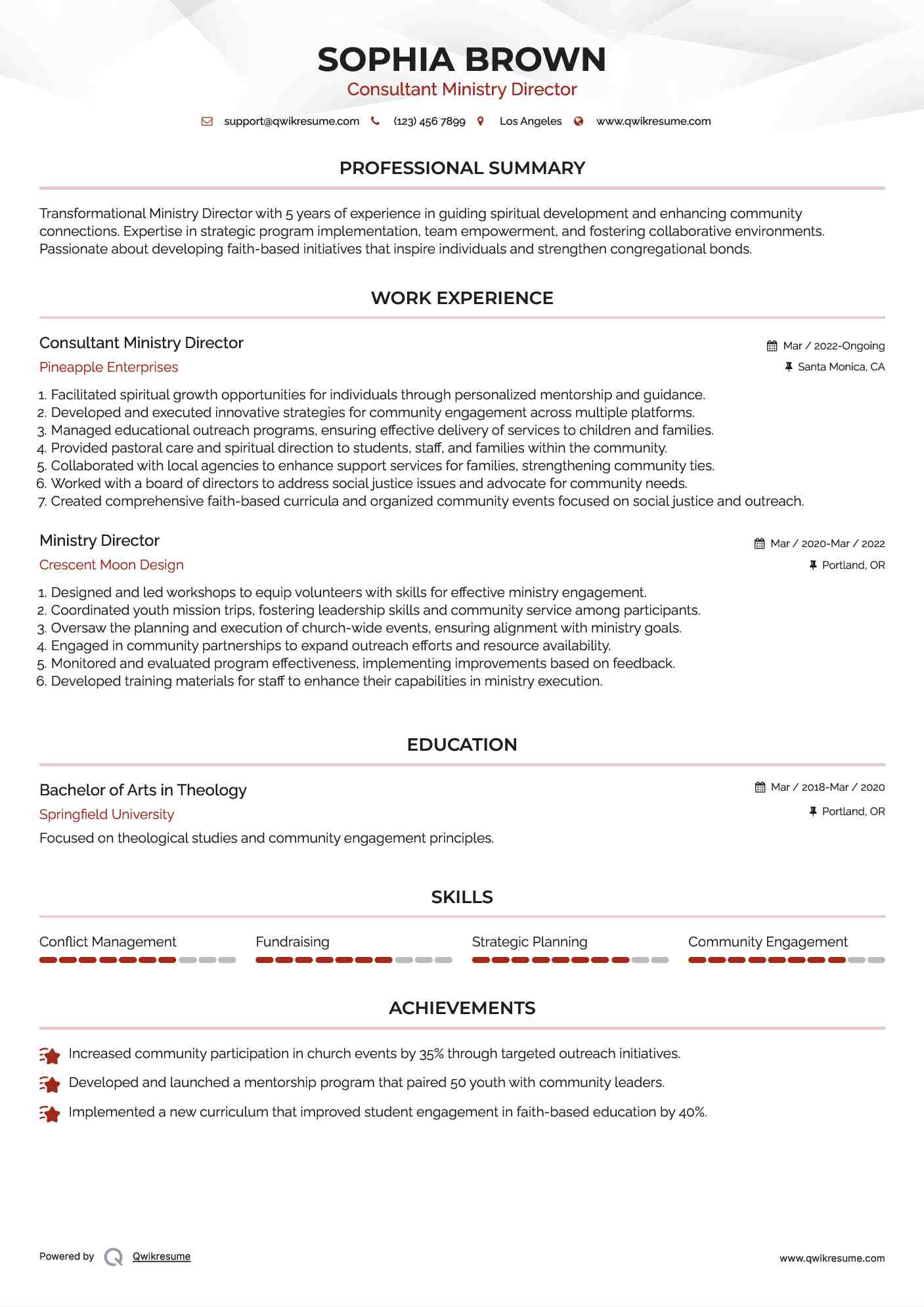 Consultant Ministry Director Resume Sample