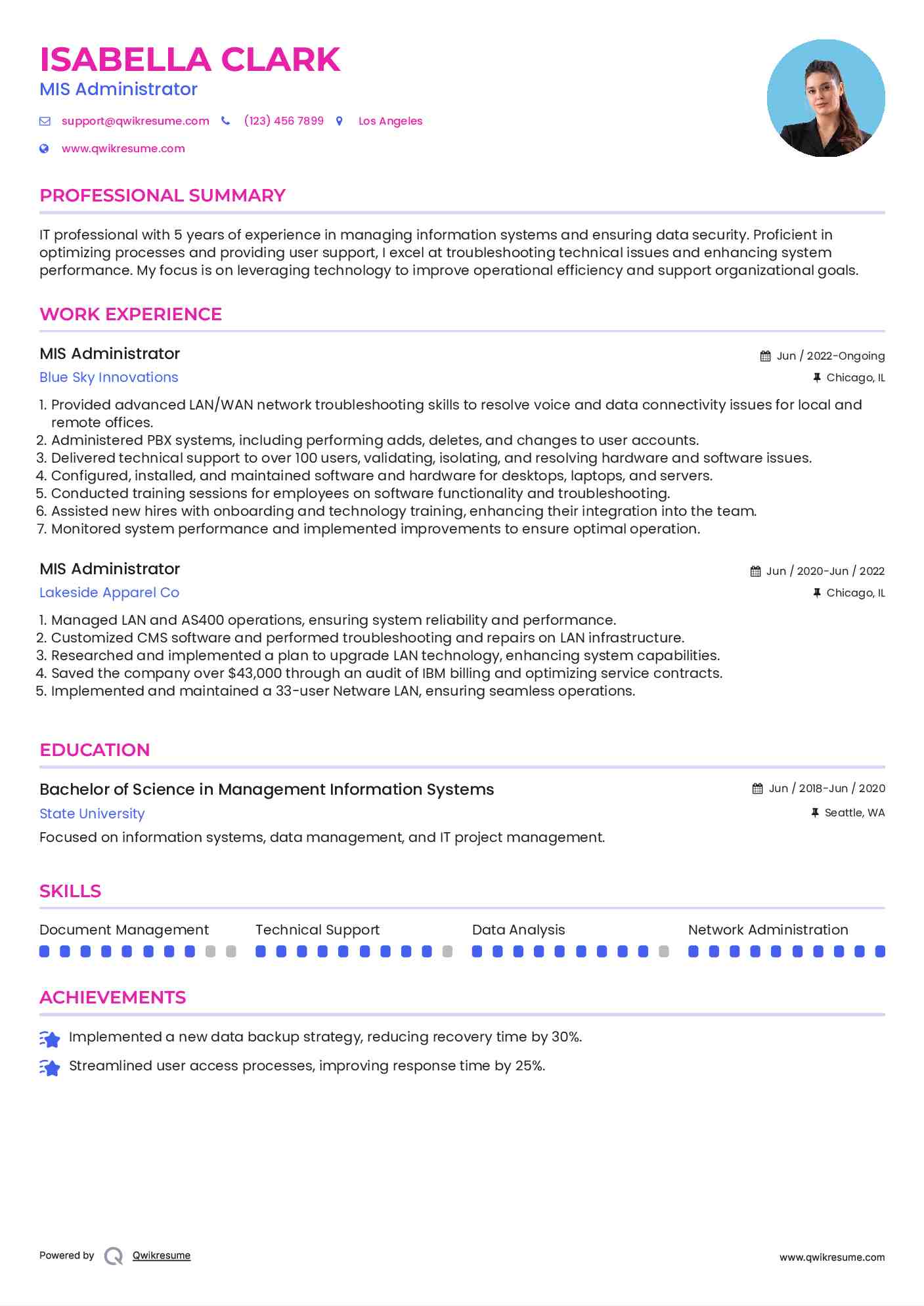 MIS Administrator Resume Model