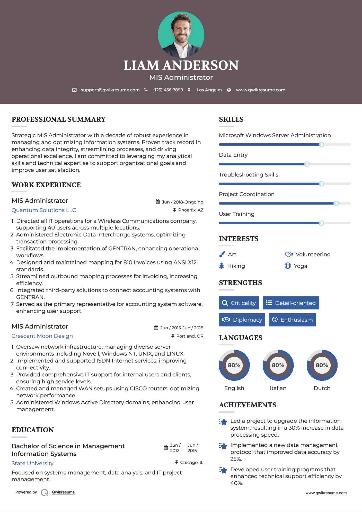 MIS Administrator Resume Sample