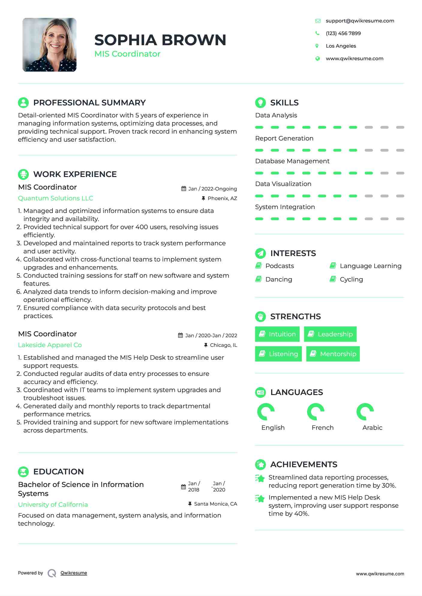 MIS Coordinator Resume Sample