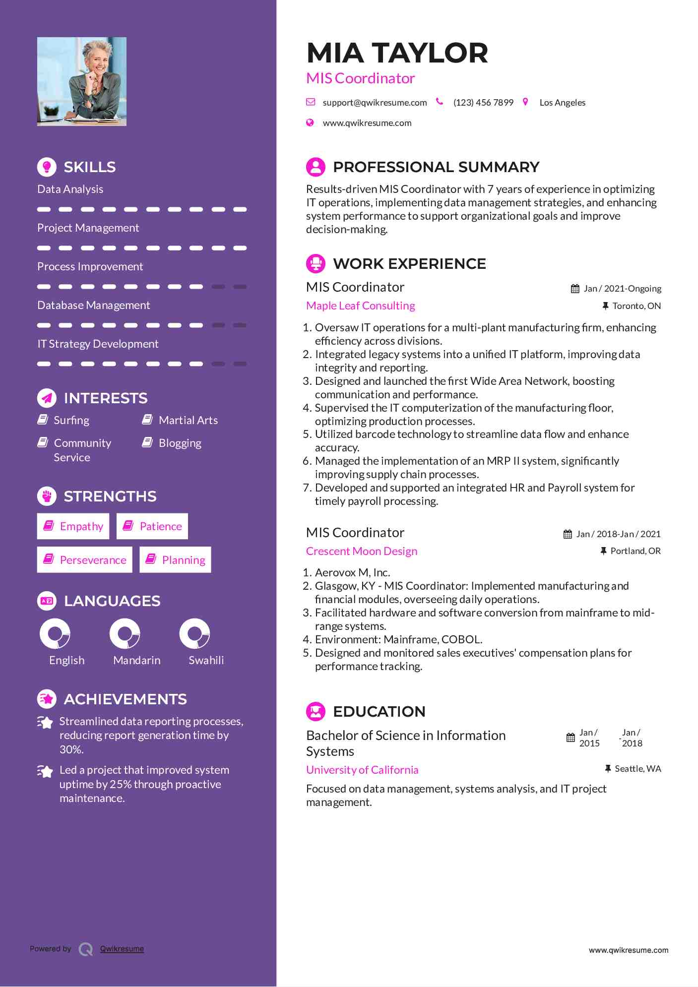 MIS Coordinator Resume Example