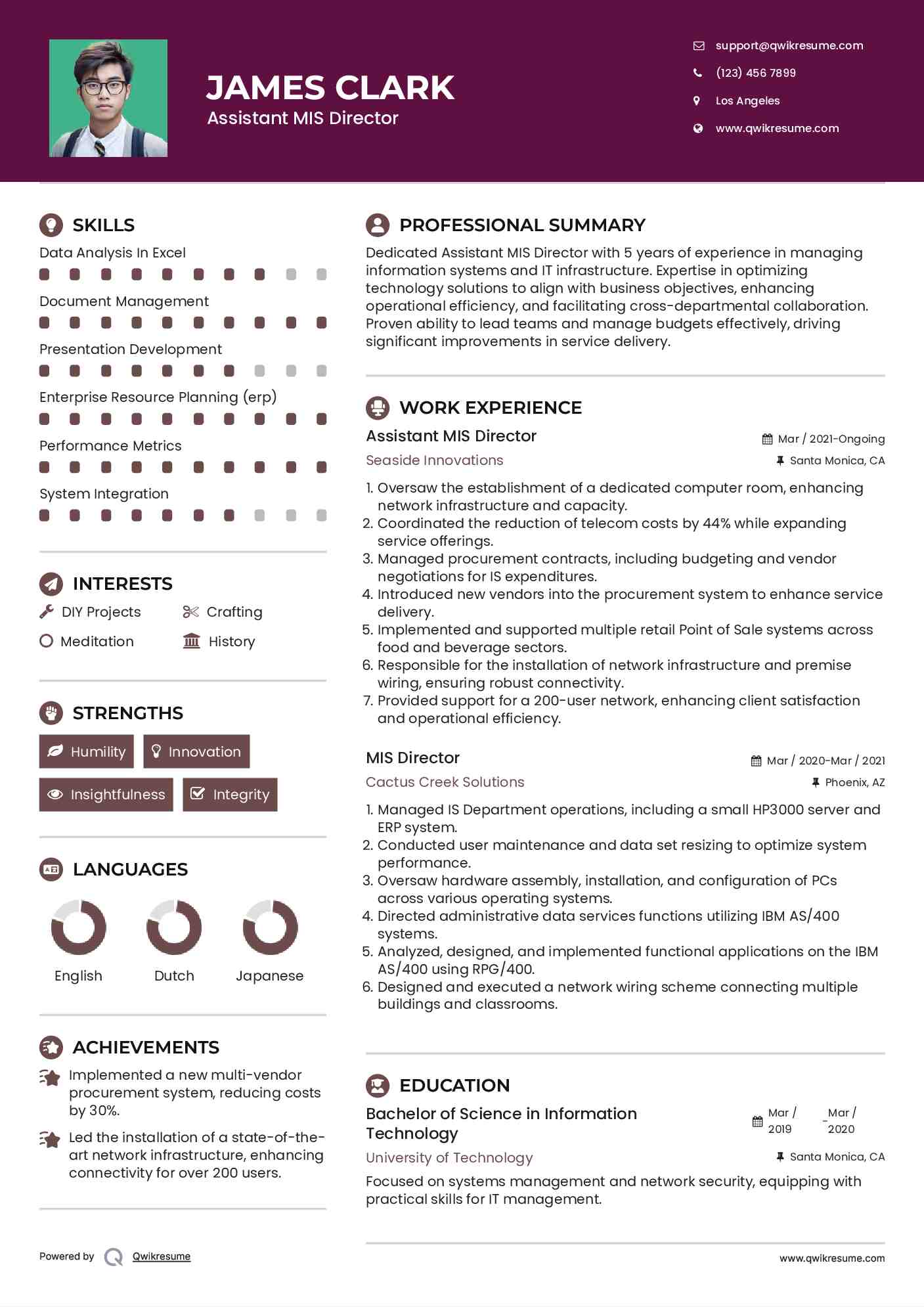 Assistant MIS Director Resume Example