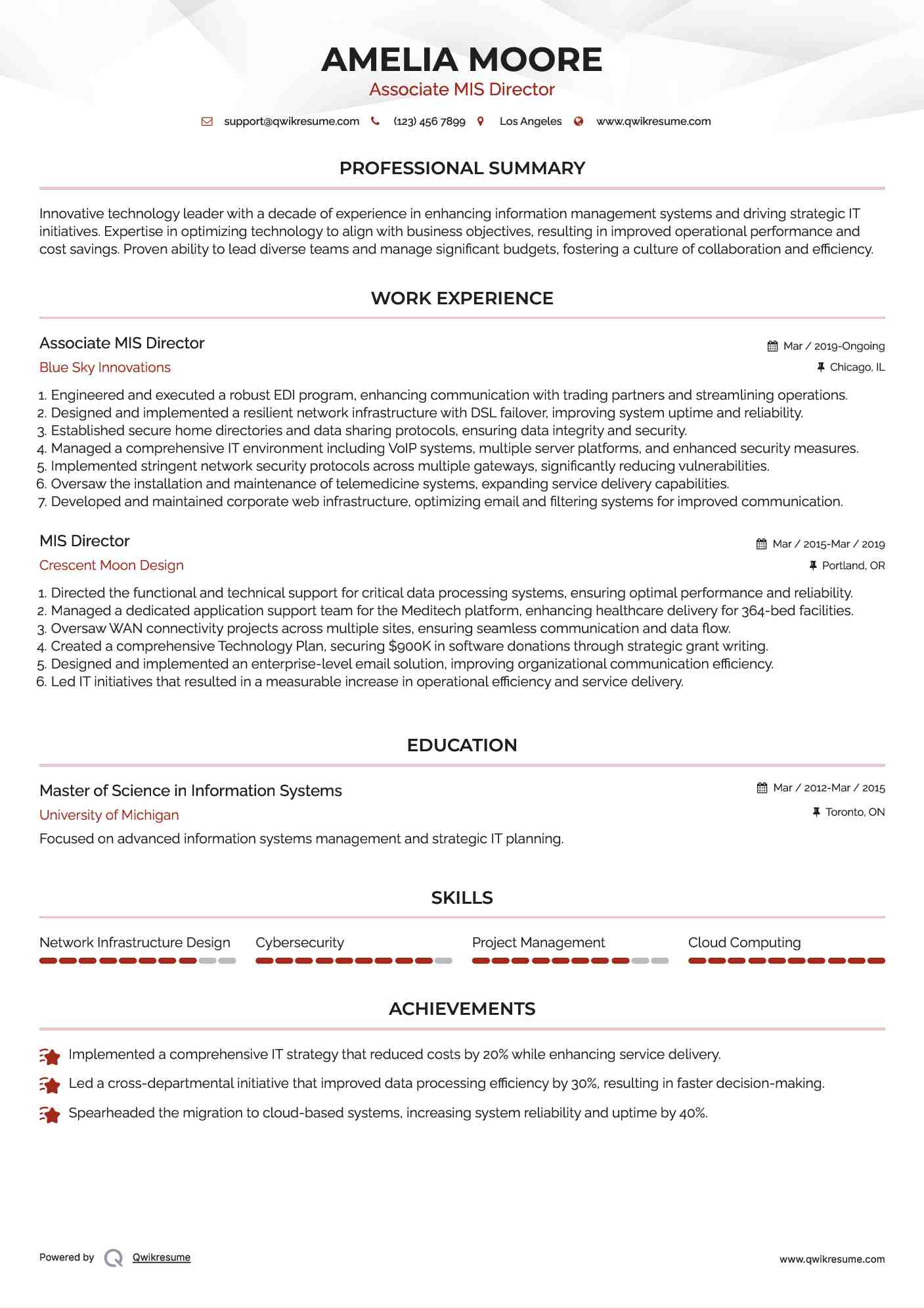 Associate MIS Director Resume Model