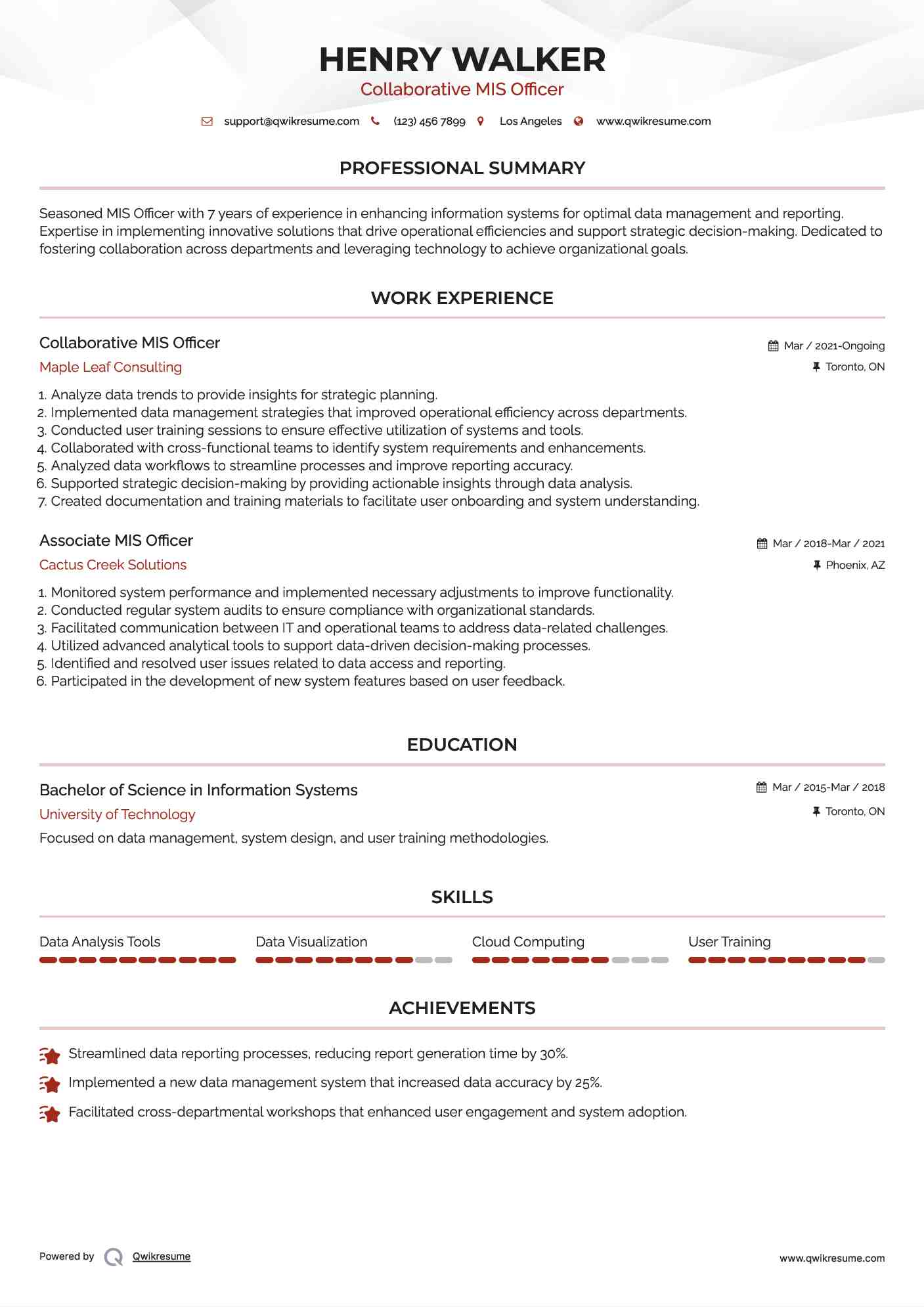 Collaborative MIS Officer Resume Template