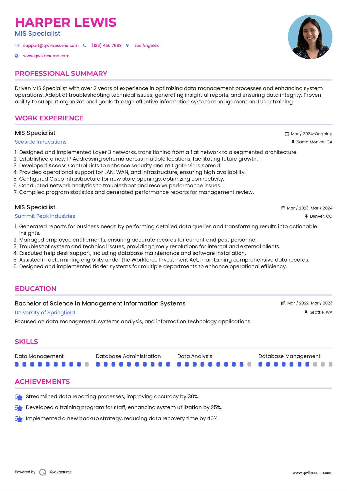MIS Specialist Resume Sample