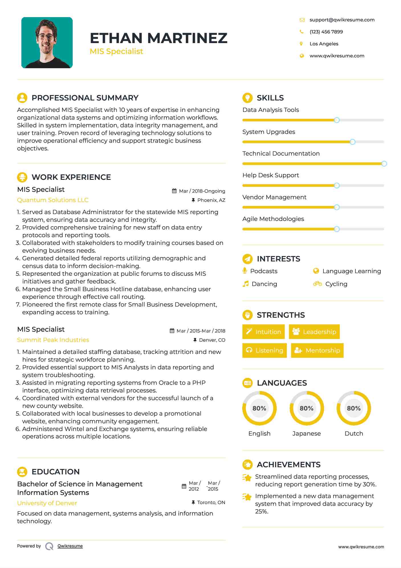 MIS Specialist Resume Sample