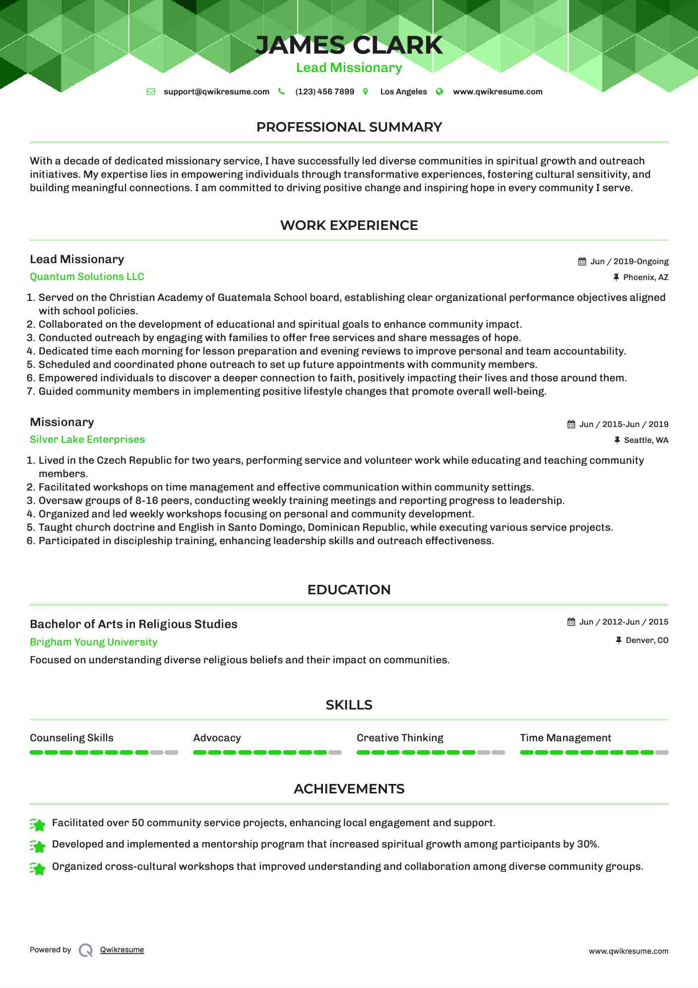 Lead Missionary Resume Model