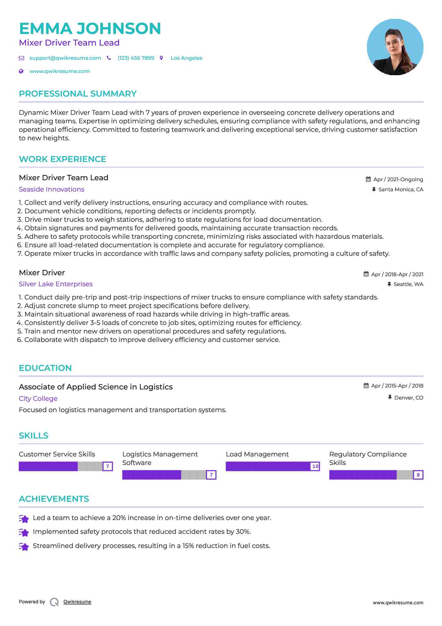 Mixer Driver Team Lead Resume Template