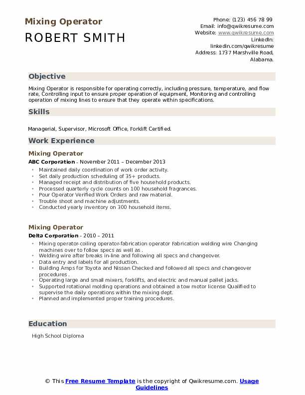 Mixing Operator Resume Samples QwikResume