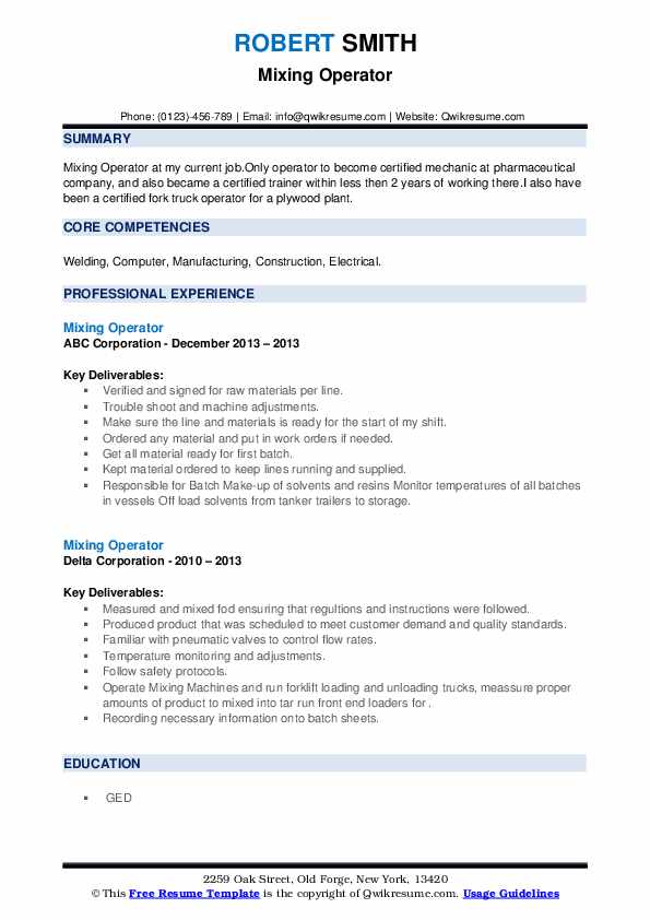 Mixing Operator Resume Samples QwikResume