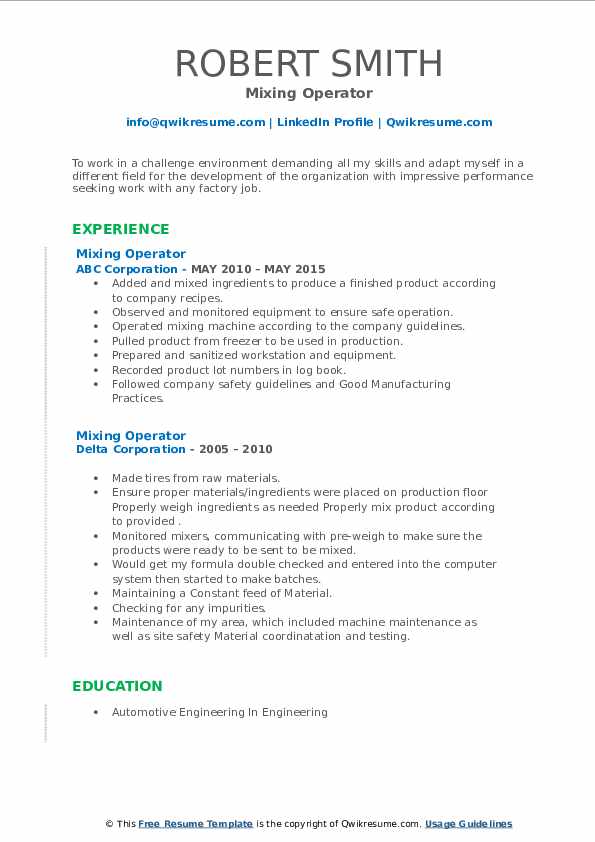 Mixing Operator Resume Samples QwikResume