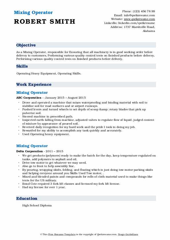 Mixing Operator Resume Samples QwikResume