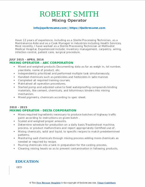Mixing Operator Resume Samples QwikResume
