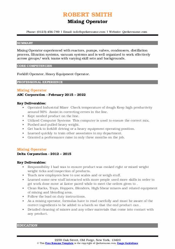 Mixing Operator Resume Samples QwikResume