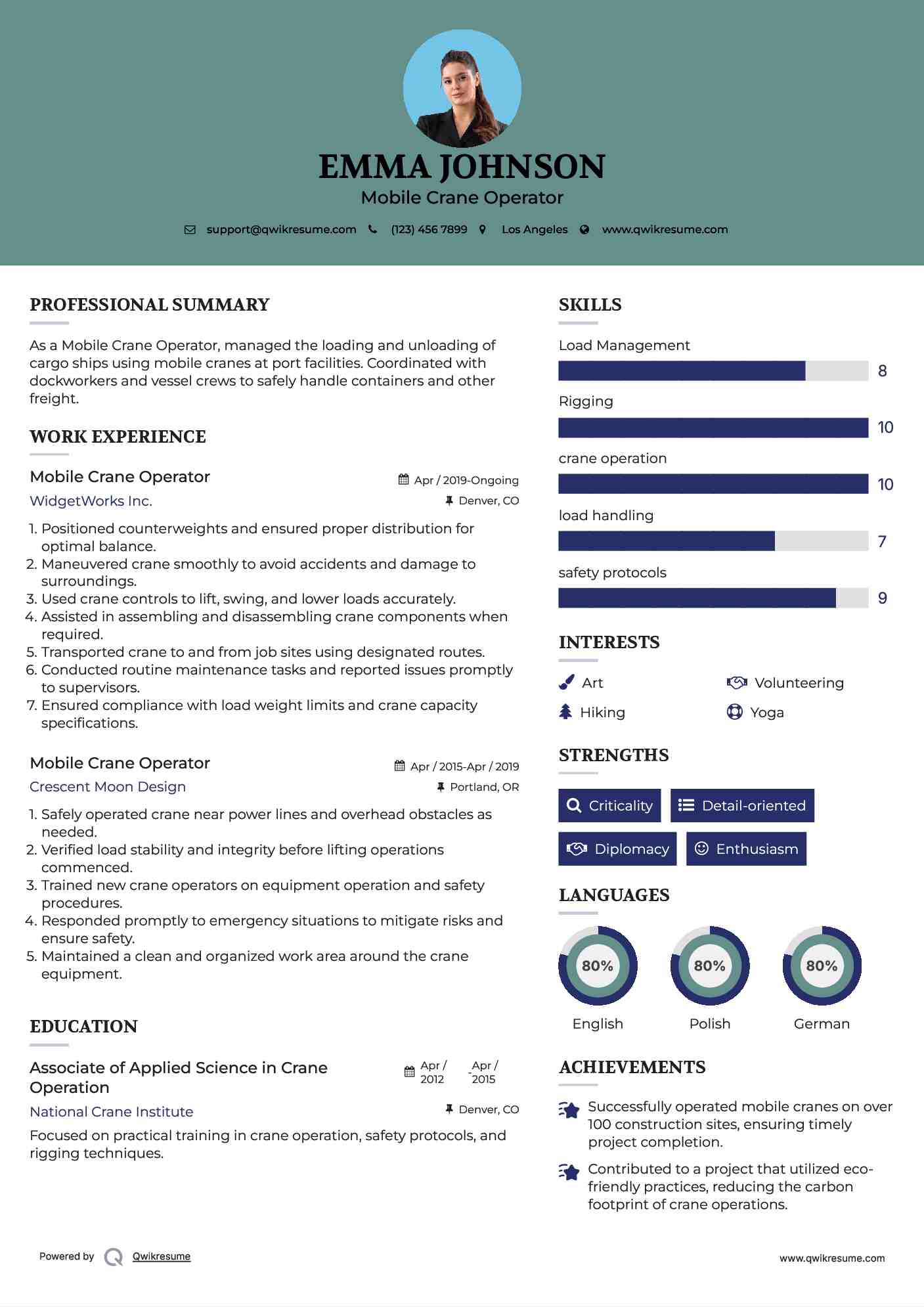 Mobile Crane Operator Resume Example
