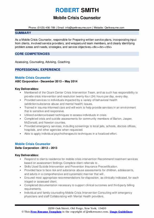 Mobile Crisis Counselor Resume Samples QwikResume
