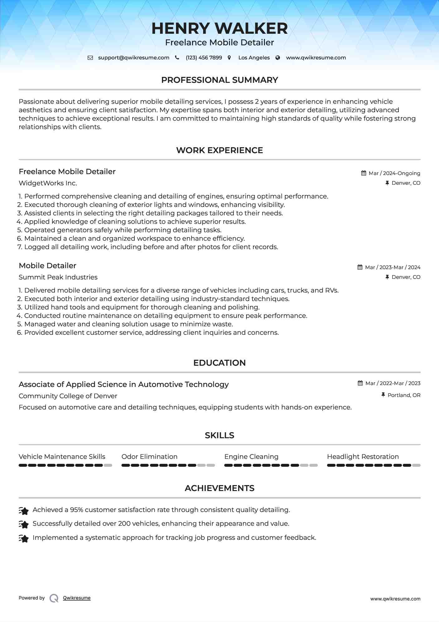 Freelance Mobile Detailer Resume Model