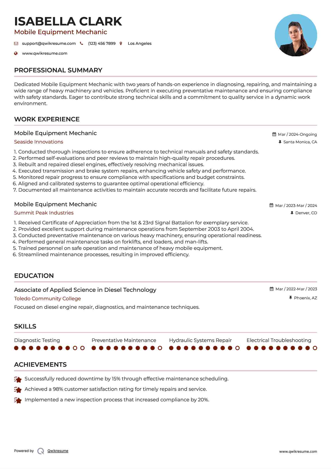 Mobile Equipment Mechanic Resume Example