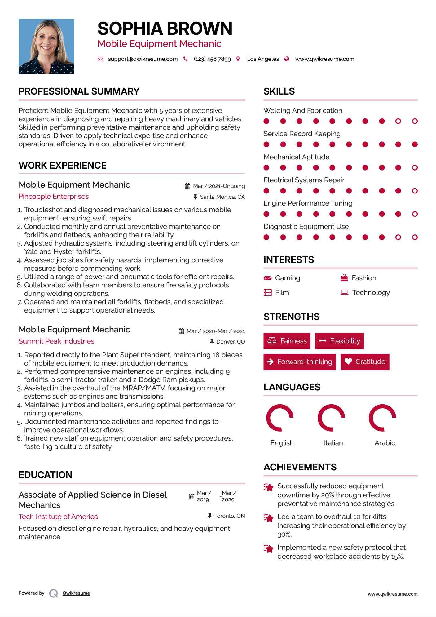 Mobile Equipment Mechanic Resume Sample