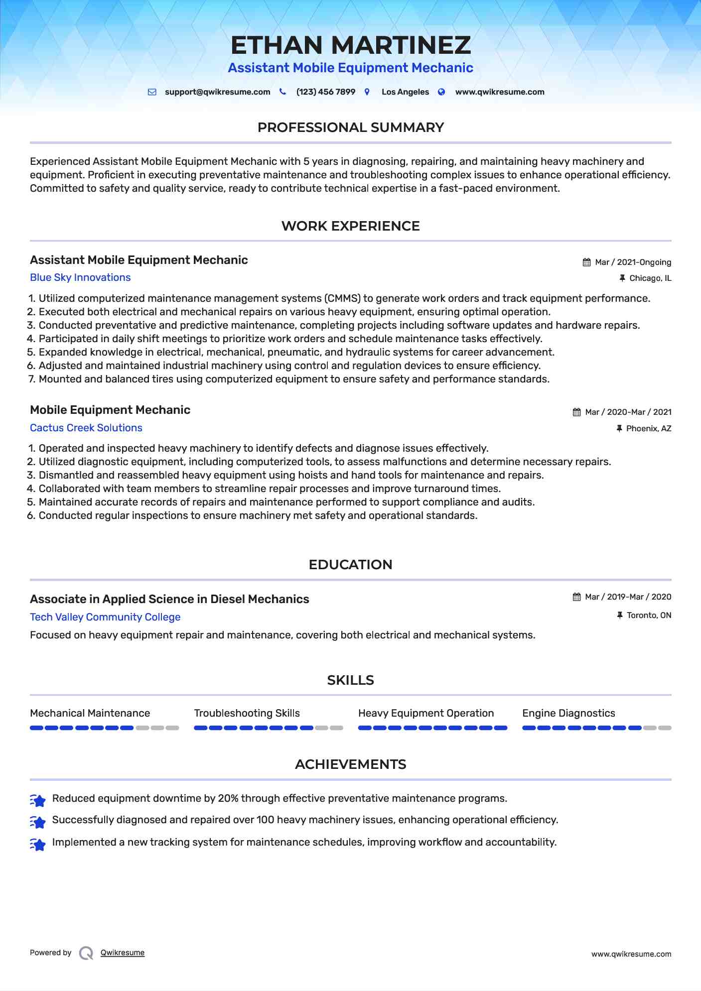 Assistant Mobile Equipment Mechanic Resume Sample