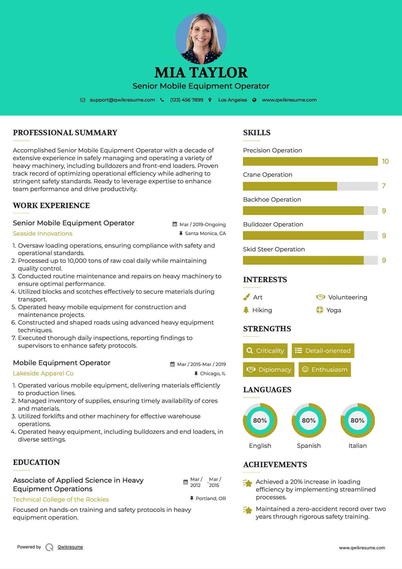Senior Mobile Equipment Operator Resume Example