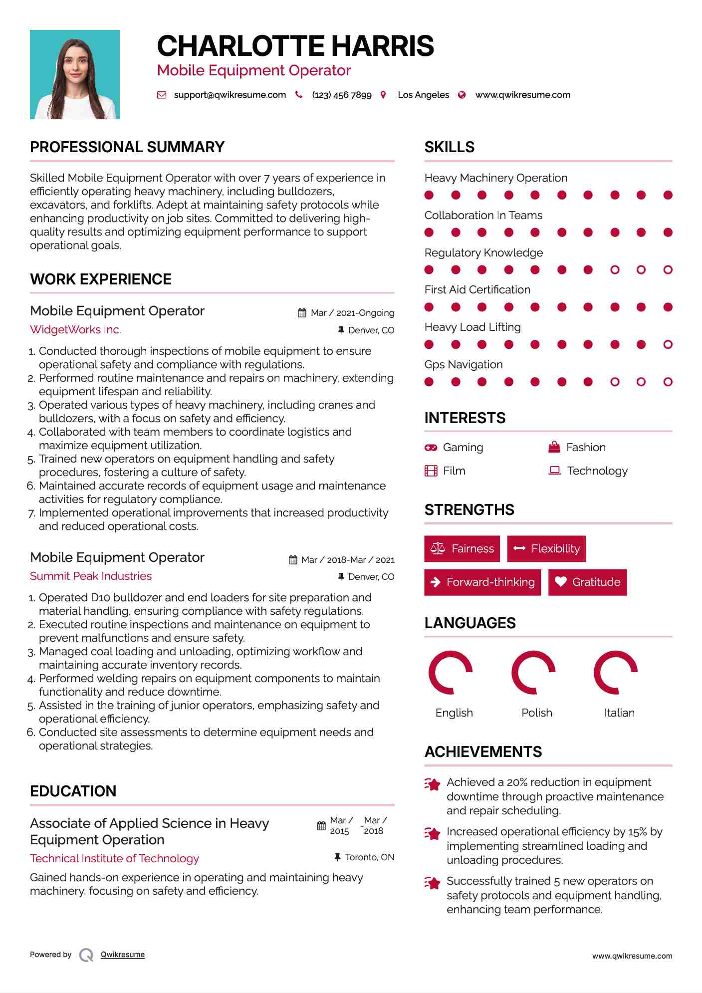 Mobile Equipment Operator Resume Sample