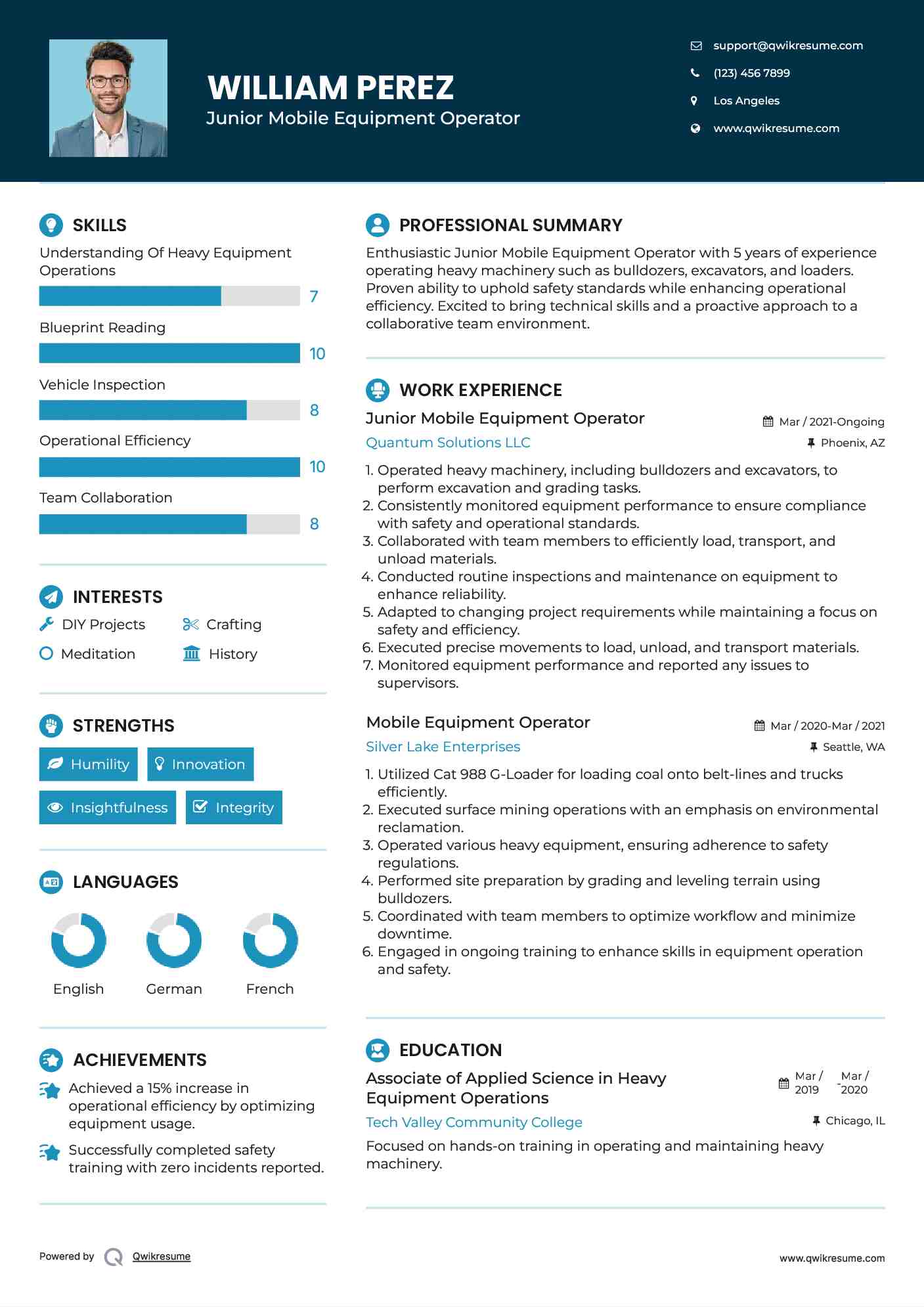 Junior Mobile Equipment Operator Resume Example