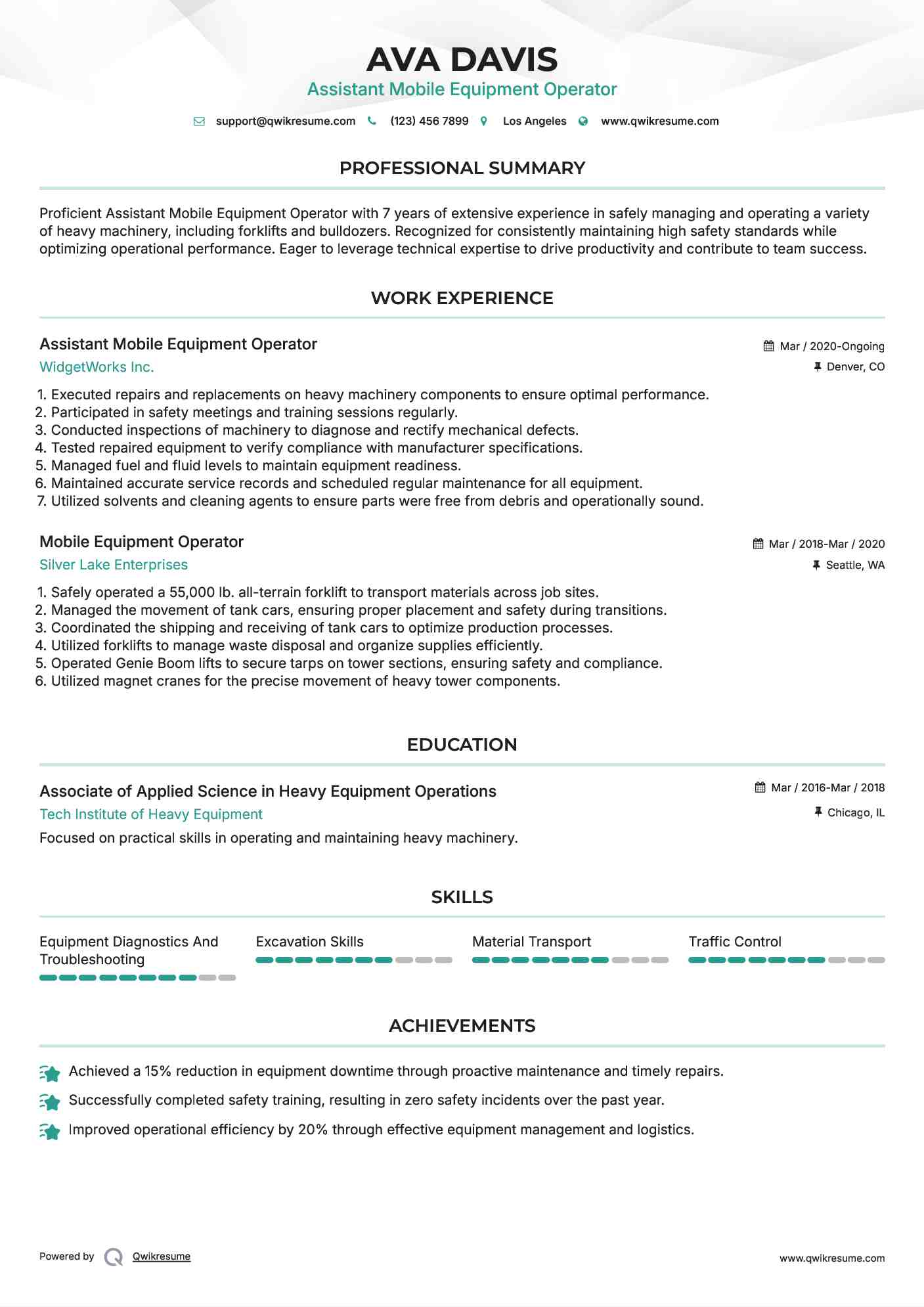 Assistant Mobile Equipment Operator Resume Sample