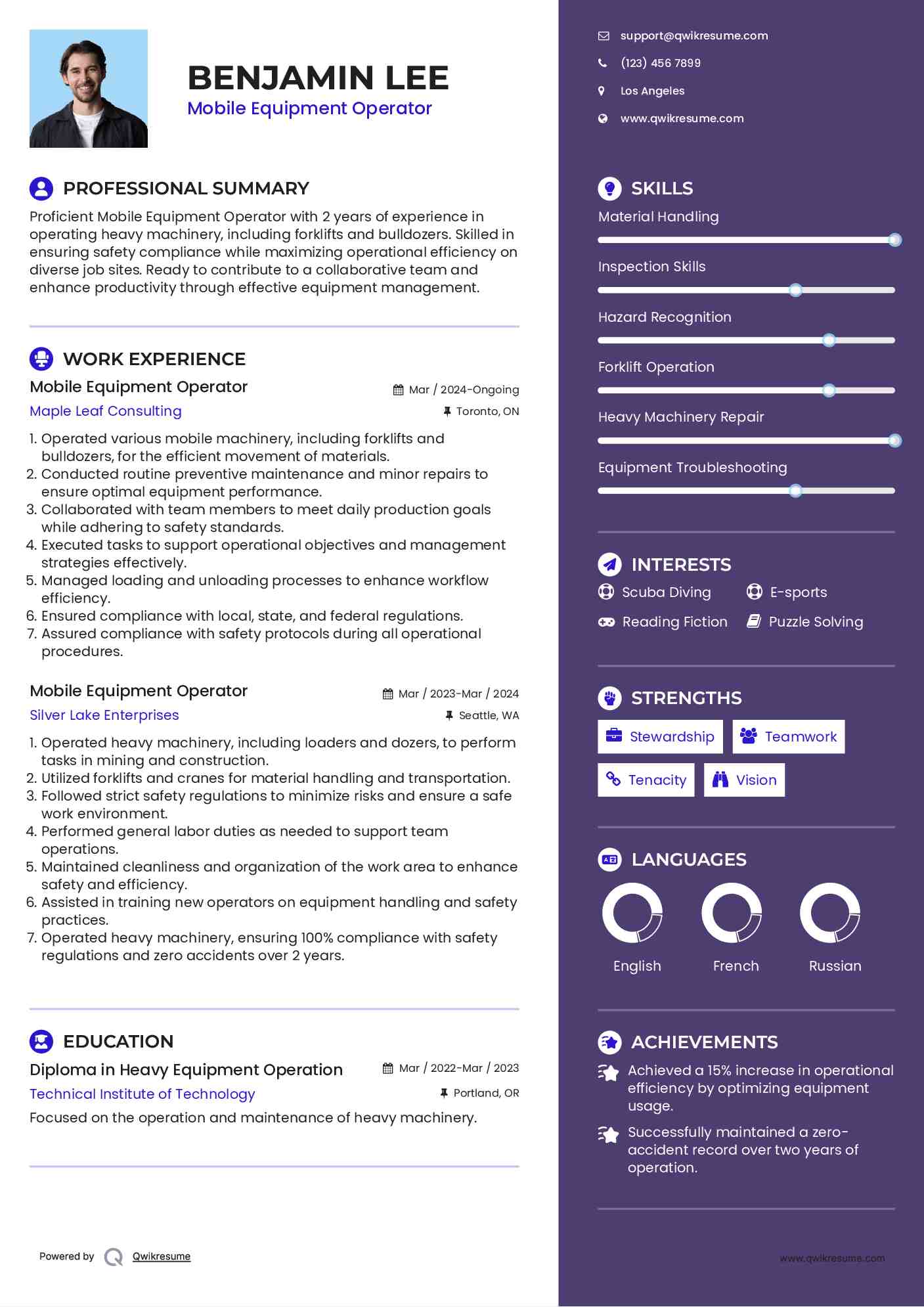Mobile Equipment Operator Resume Template
